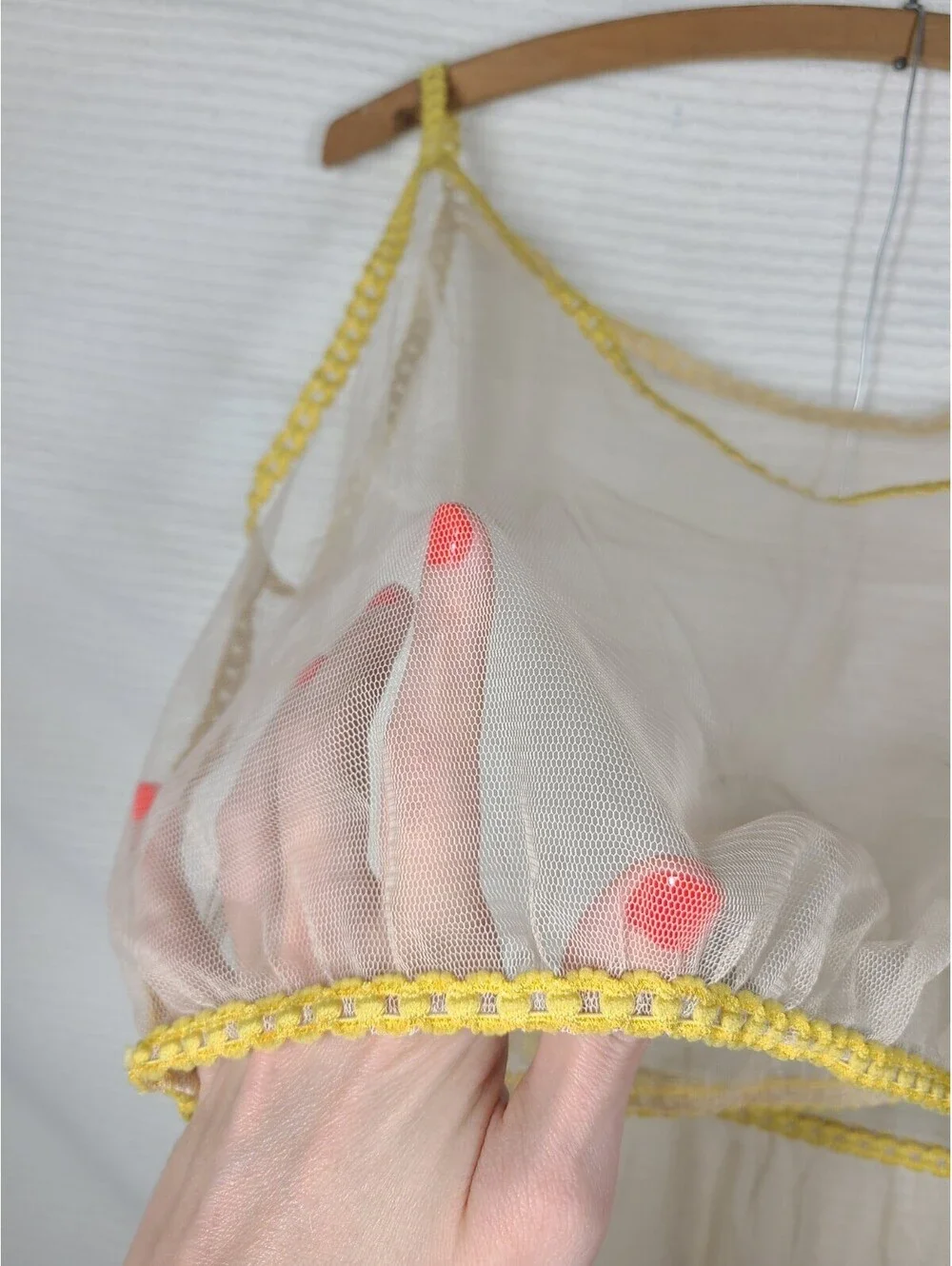 Vtg Sheer Mesh Lingerie Set L Nylon Net Ivory Cream See Thru NOS Chain Straps